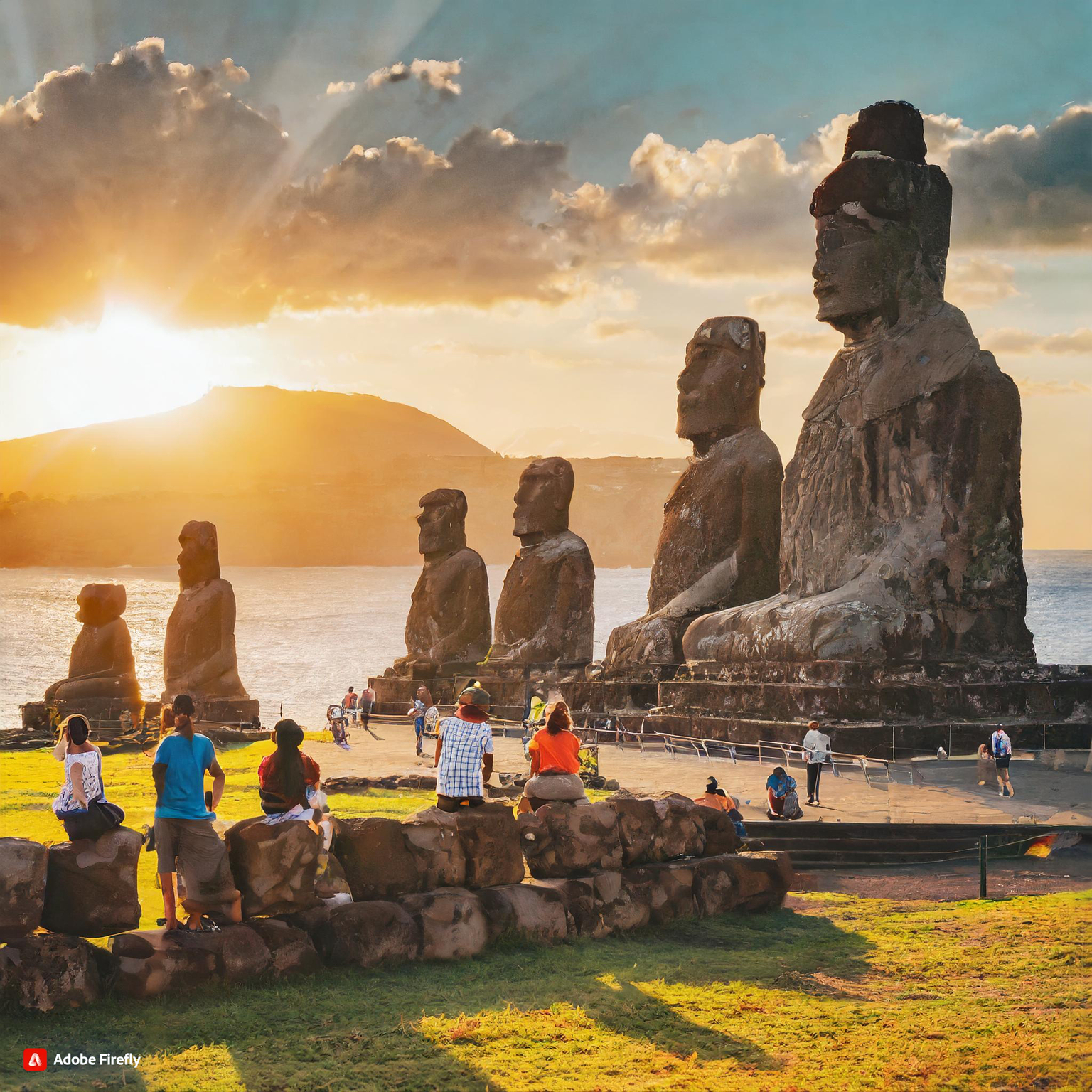 Firefly Easter island with sunrise with people sitting on statues 90077